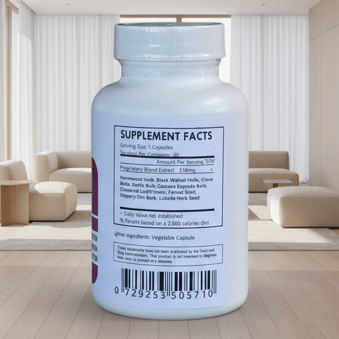 Herbal Island Colon & Parasite Detox capsules in a bottle, designed to promote digestive health and cleanse the body.
