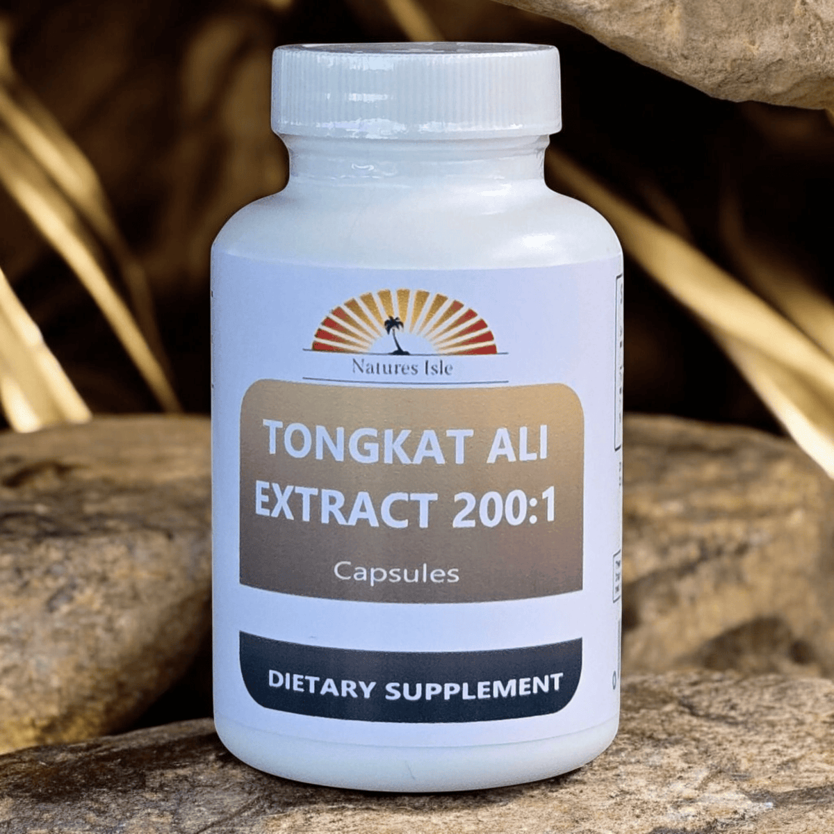 Herbal Island Tongkat Ali 200:1 root extract capsules, dietary supplement with longjack for energy and vitality.