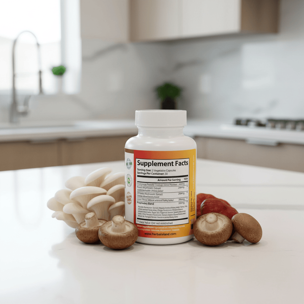 Herbal Island Mushroom 10X Blend Formula capsules in a clear bottle, showing 60 dietary supplement capsules for immune support.