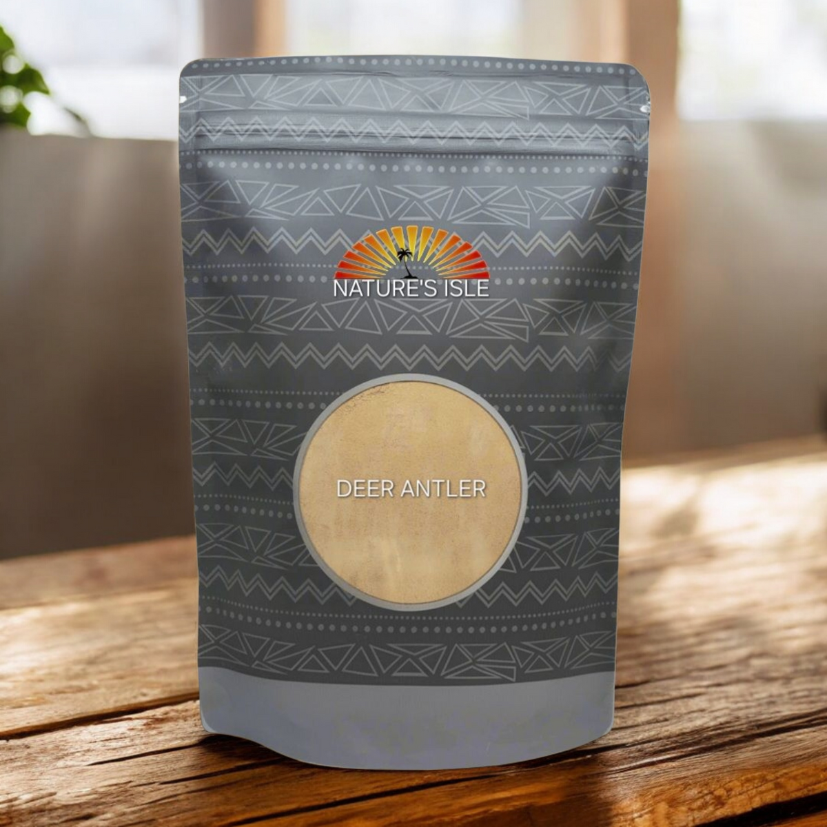 Herbal Island Deer Antler Velvet Extract Powder 4:1 in a clear jar, showing fine brown powder for dietary supplement use.