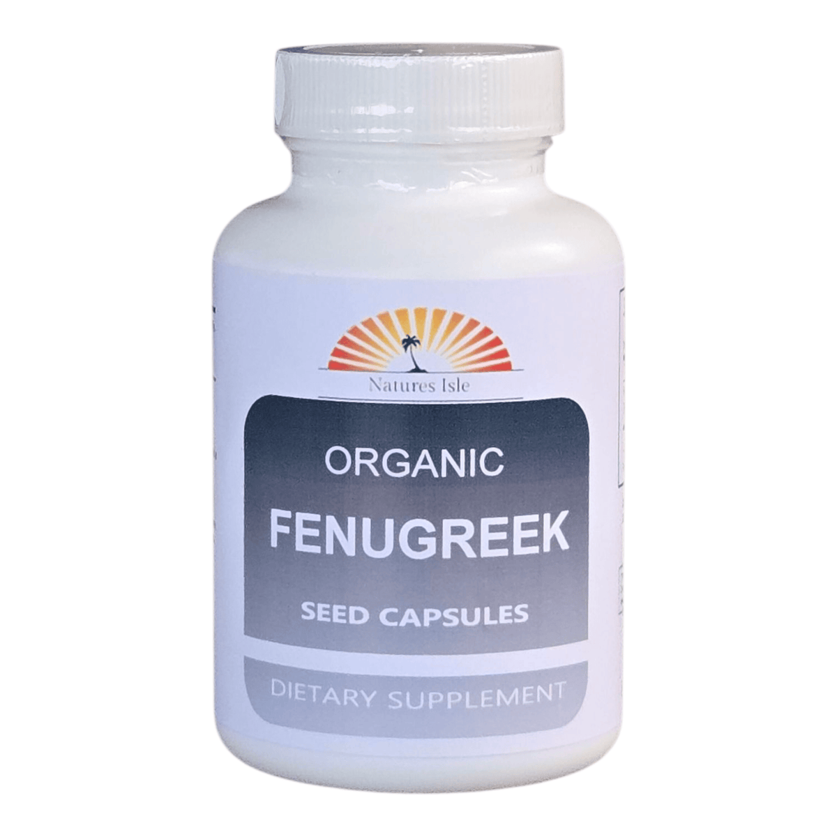 Herbal Island fenugreek capsules 500mg in clear capsule form, displayed in a row on a white background.