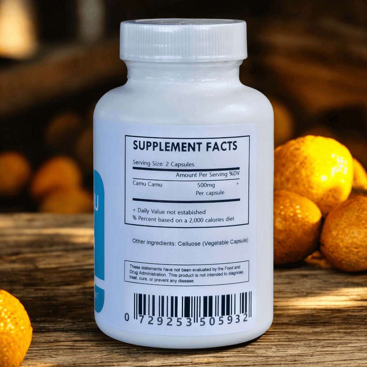 Herbal Island Camu Camu 4:1 extract capsules in white and green capsules, labeled with product details on the bottle.