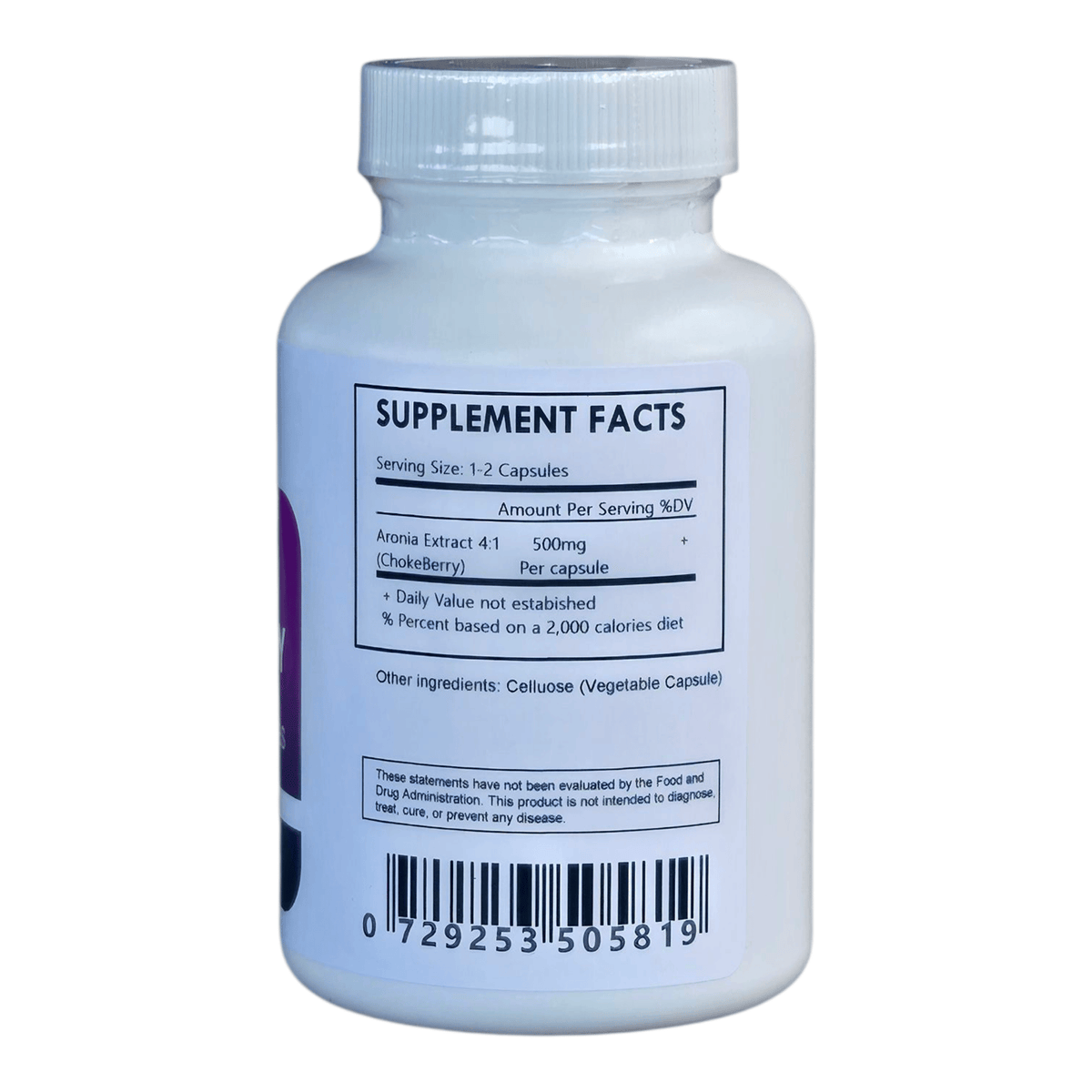 Herbal Island Aronia Extract 4:1 capsules, close-up of the herbal supplement bottle with capsules inside.