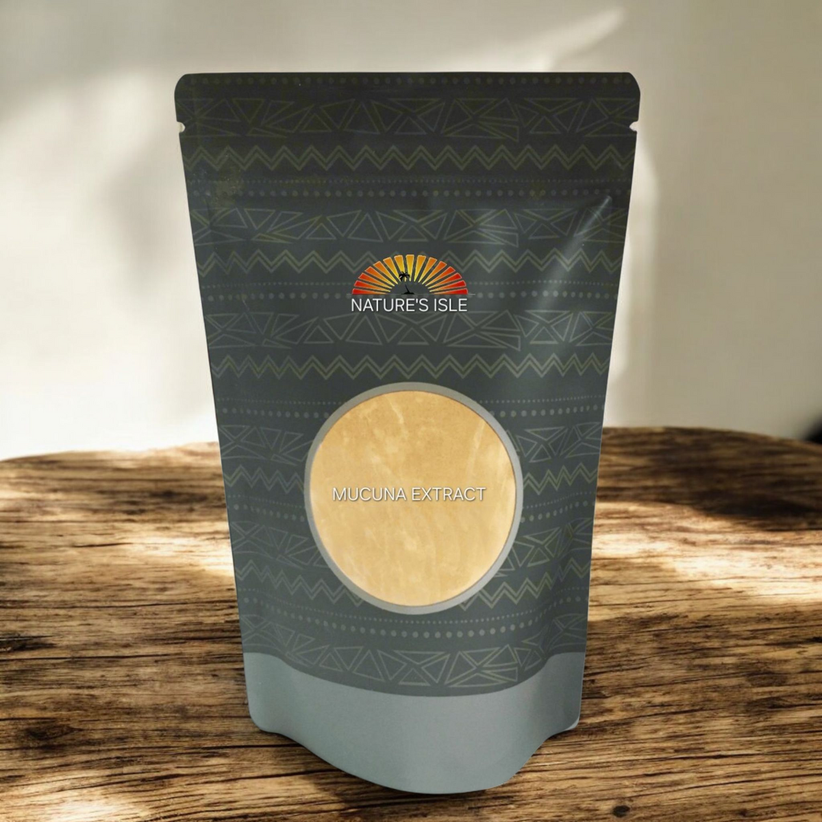 Herbal Island Mucuna Pruriens extract powder with 20% L-Dopa, fine brown powder in a clear container, close-up view.