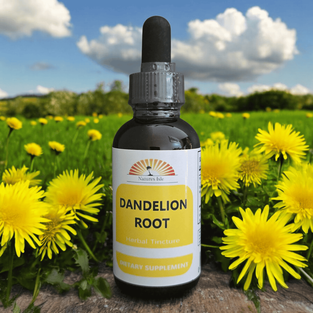Herbal Island Dandelion Root Tincture in a glass dropper bottle, liquid herbal supplement for health and wellness.
