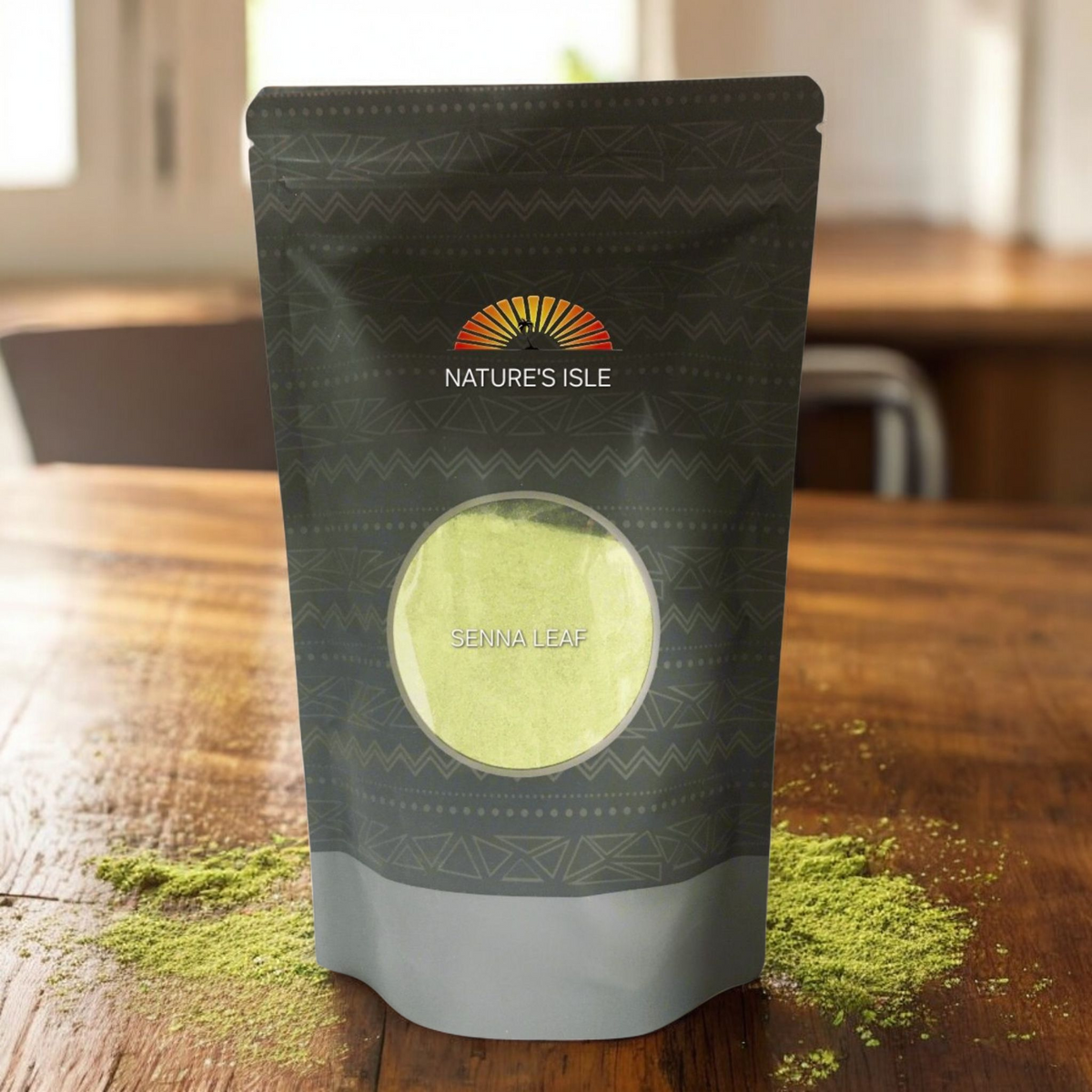 Herbal Island senna leaf powder in a clear container, showcasing vibrant green and yellowish dried senna leaves for herbal use.