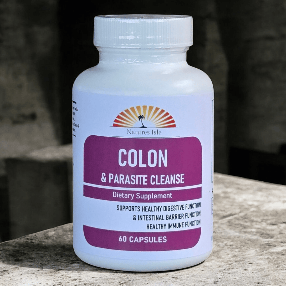 Herbal Island Colon & Parasite Detox capsules in a clear bottle with a white label, showing the supplement capsules.