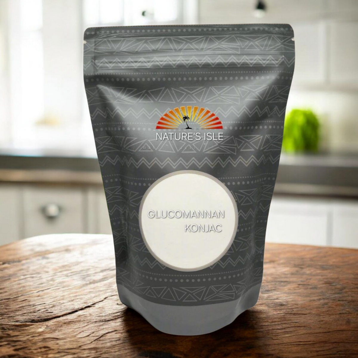 Herbal Island glucomannan powder from konjac root in a clear container, showing the fine white powder inside.