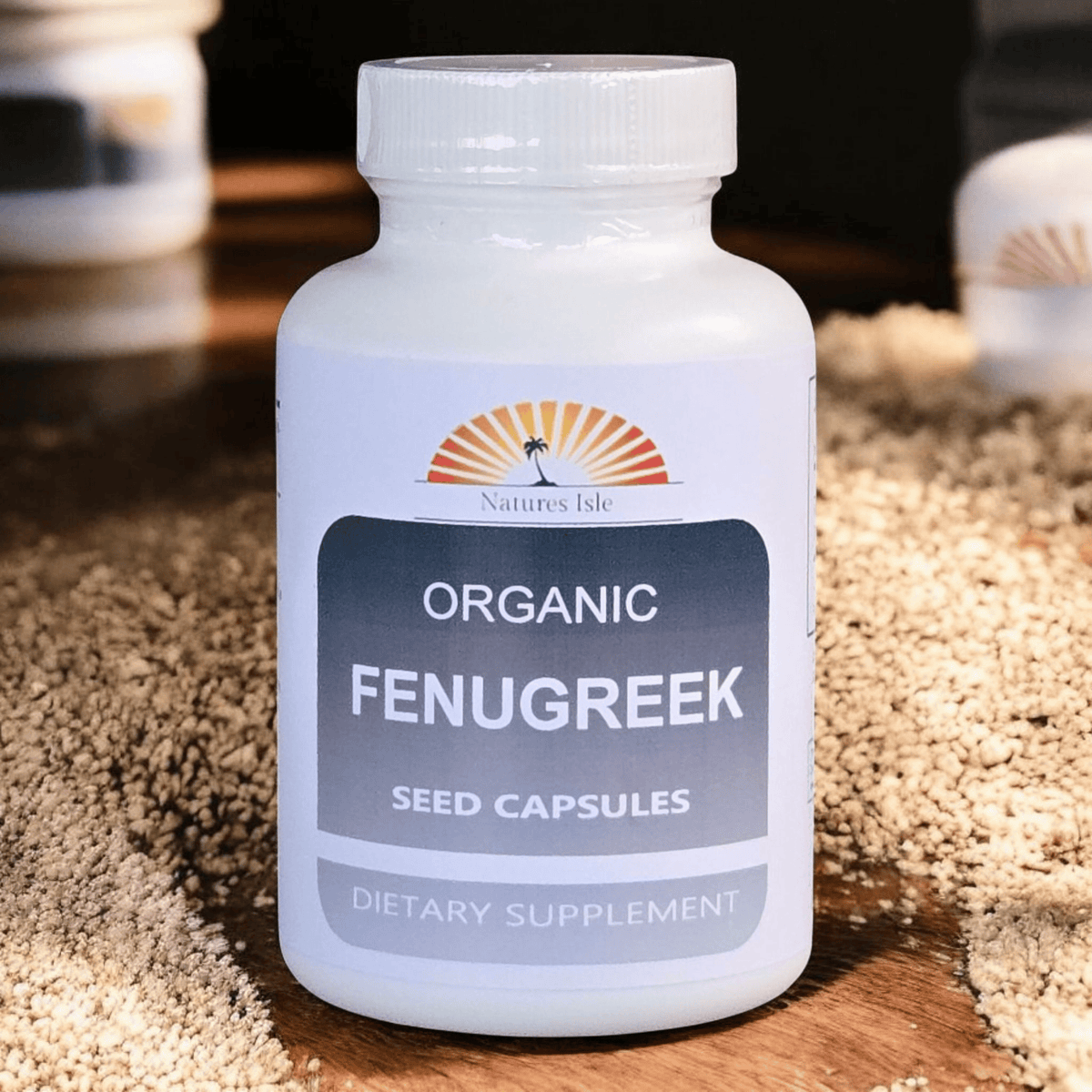 Herbal Island Fenugreek Capsules 500mg bottle with white capsules in clear container on white background