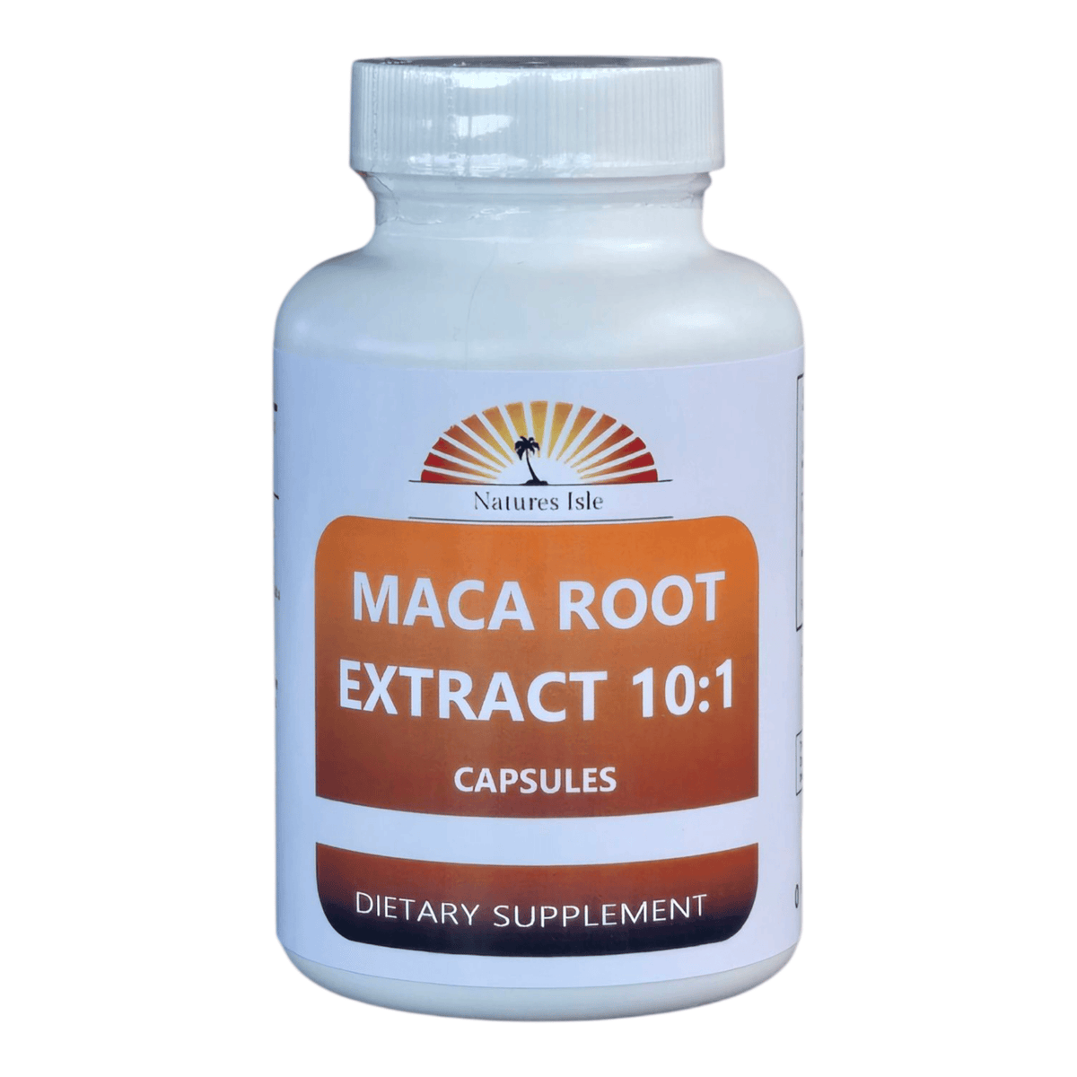 Herbal Island Maca Root Extract Powder 10:1 capsules, showing the capsules in a clear container against a white background.