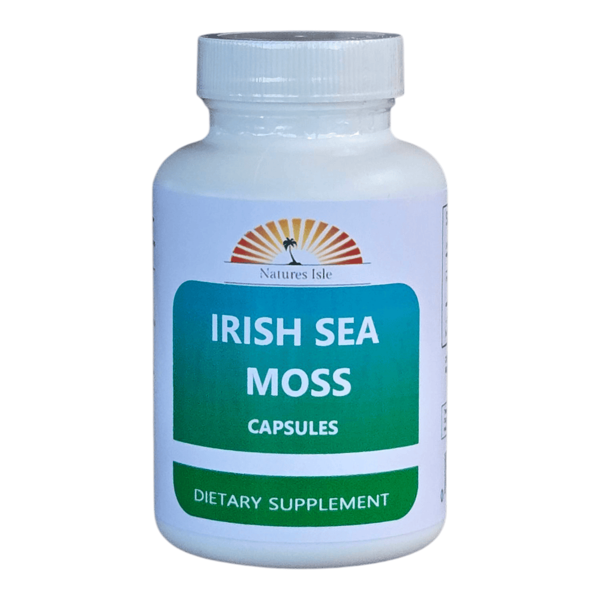 Herbal Island Sea Moss Irish Capsules in a bottle, showing the supplement capsules for natural health support.