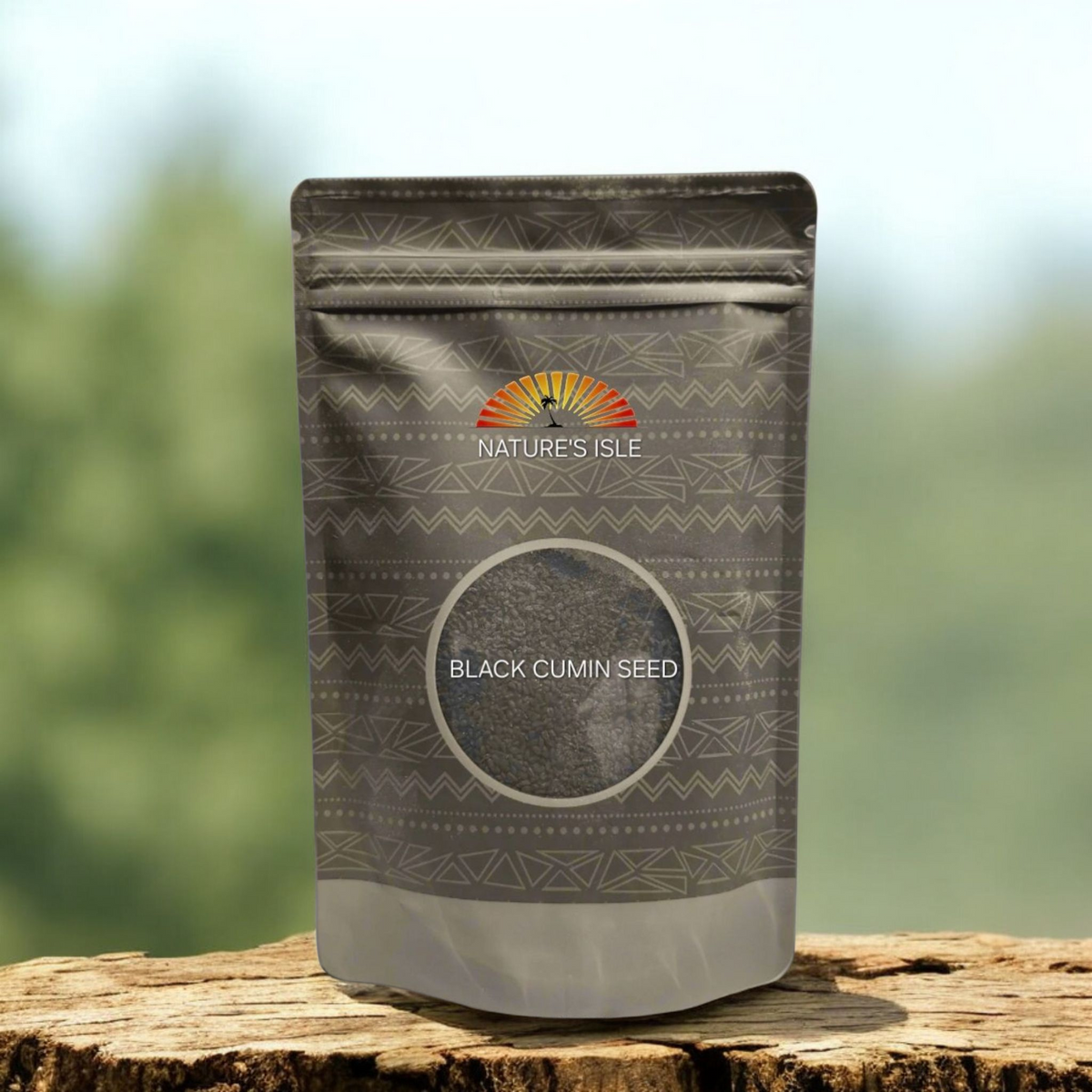Whole black cumin seeds from Herbal Island in a 4oz package, showing small dark seeds in a clear container.