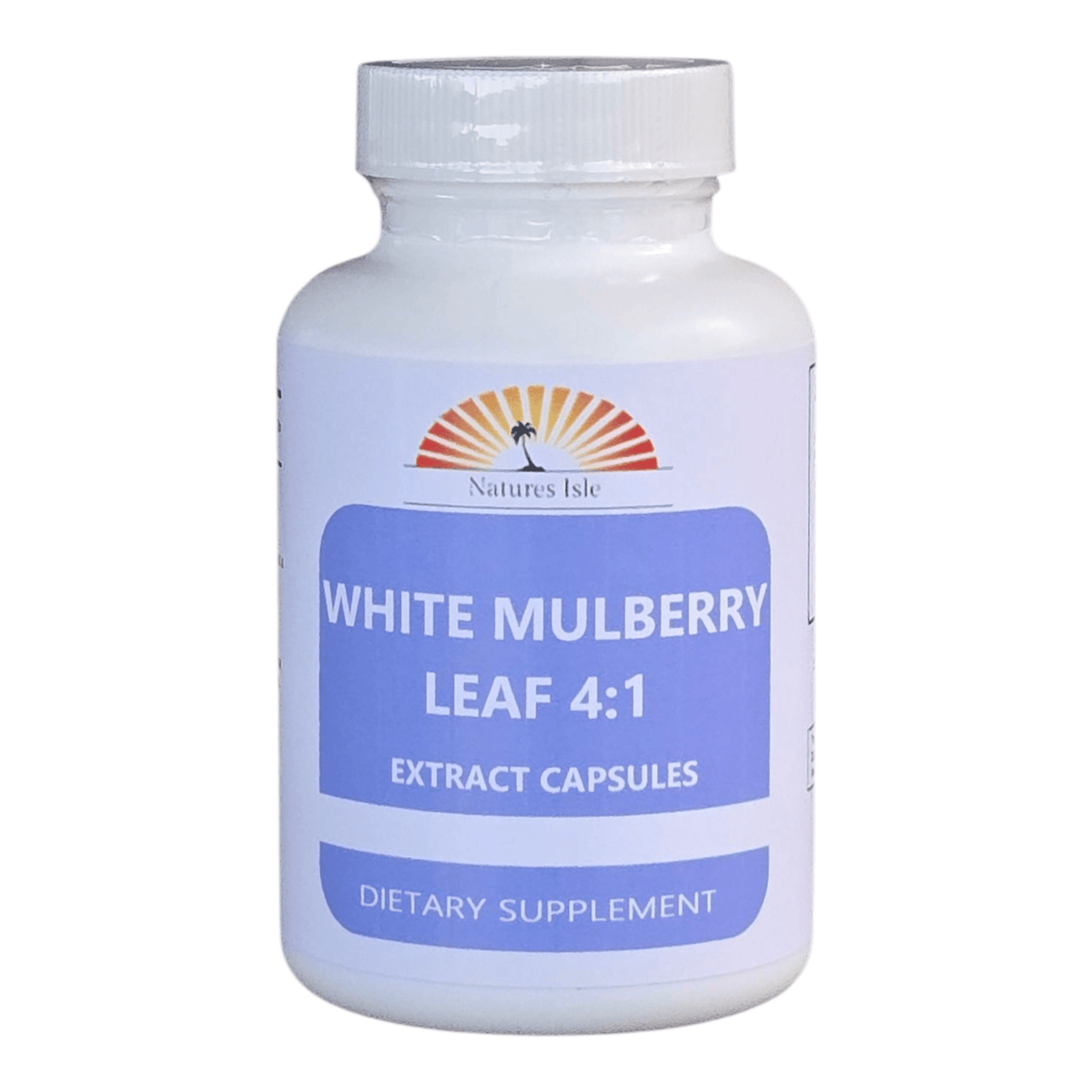 White Mulberry Leaf Extract capsules by Herbal Island, 500mg each in a white pill capsule container.