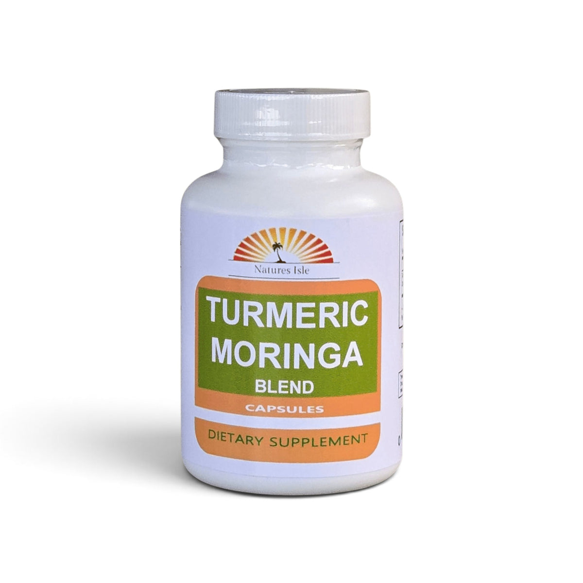 Herbal Island turmeric and moringa blend capsules in a clear plastic bottle, showing the capsules inside.
