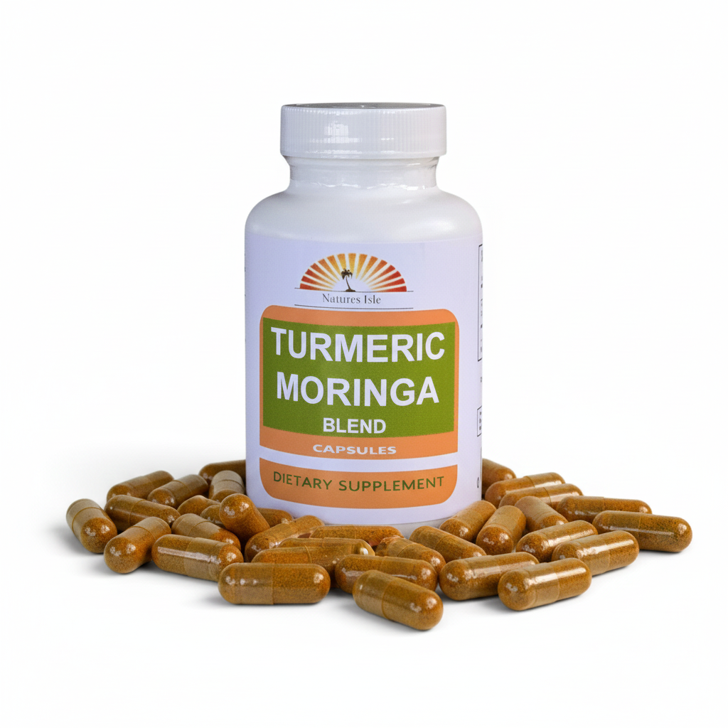 Herbal Island turmeric and moringa blend capsules in clear plastic bottle, showing capsules inside.