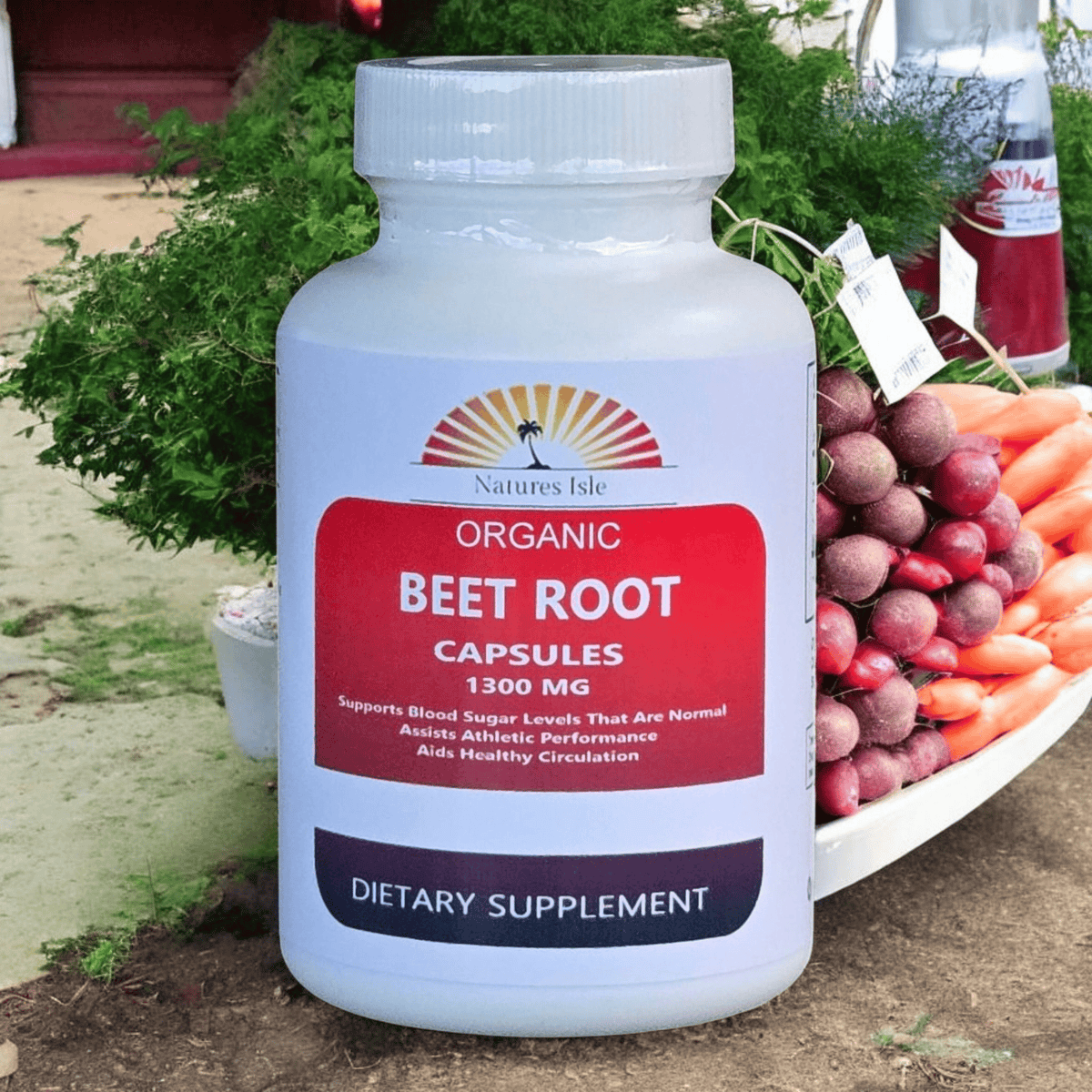 Herbal Island organic beet root capsules, 1300MG, in a white bottle with a label displaying red beets and product details.