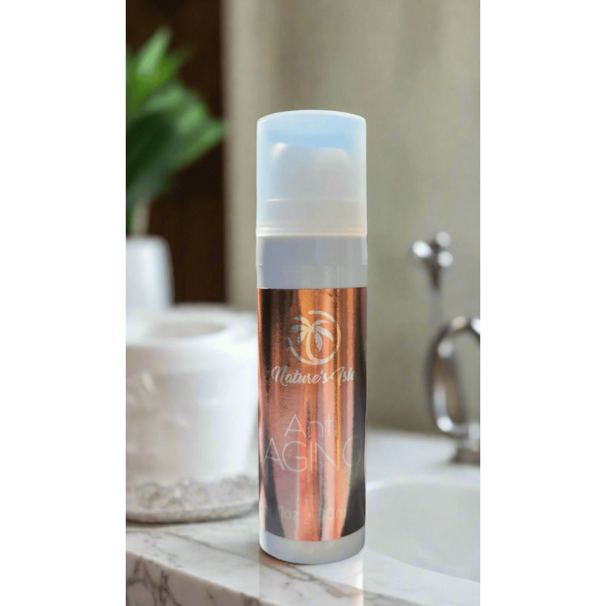 Herbal Island anti-aging cream in a sleek jar with a white and gold label, showcasing the nourishing skincare product.