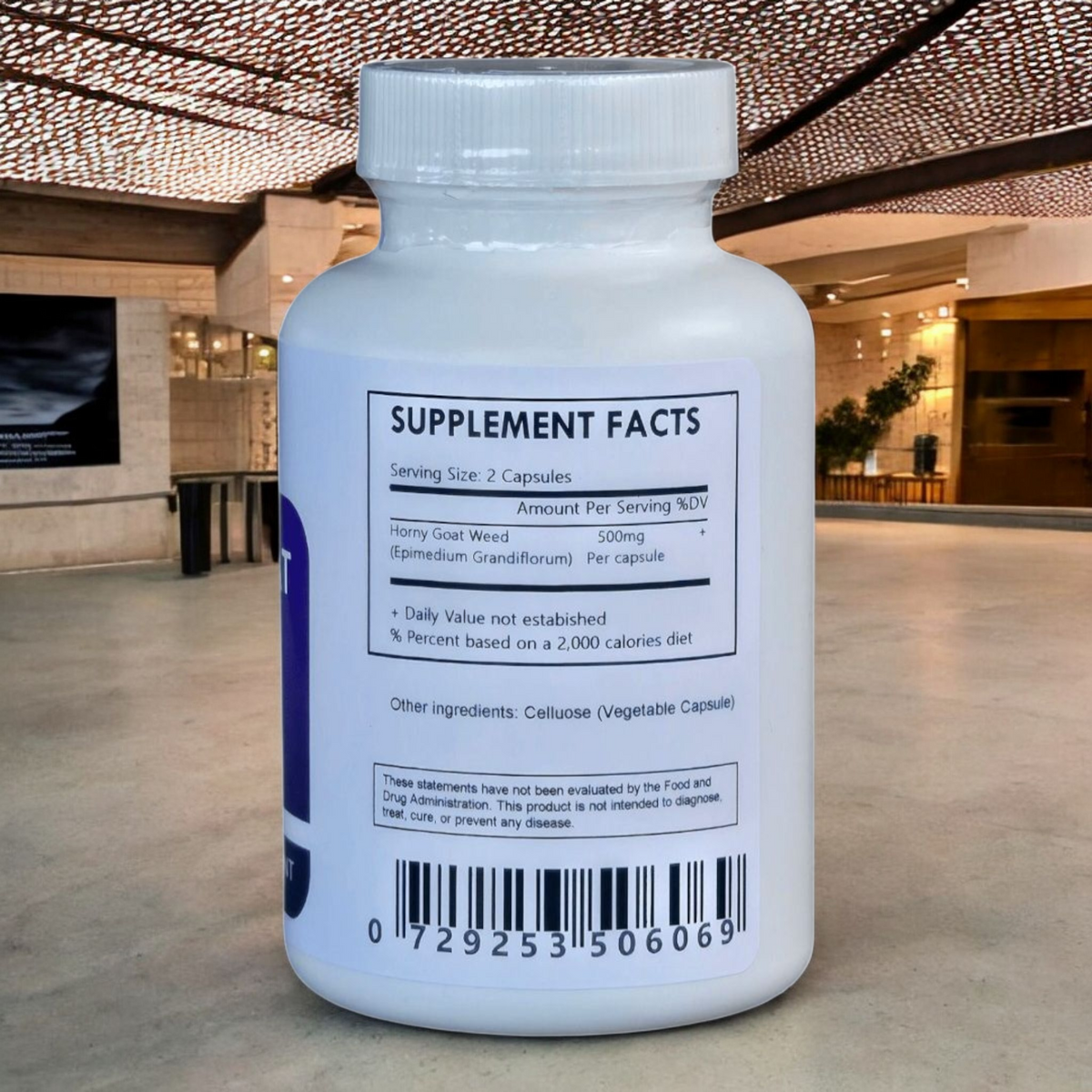 Herbal Island Horny Goat Weed Extract Capsules with 20% Icarin, shown in black capsule form on a white background.
