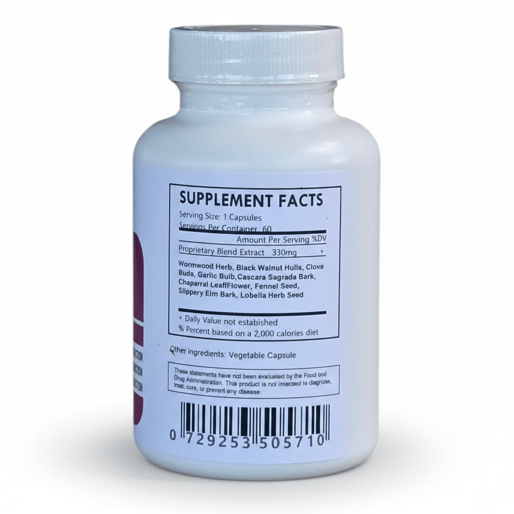 Herbal Island Colon and Parasite Detox capsules, natural supplement for digestive health and cleansing, in a transparent bottle.