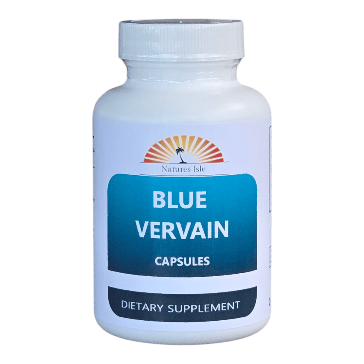 Blue Vervain capsules by Herbal Island, showing the herbal supplement capsules in a clear container.