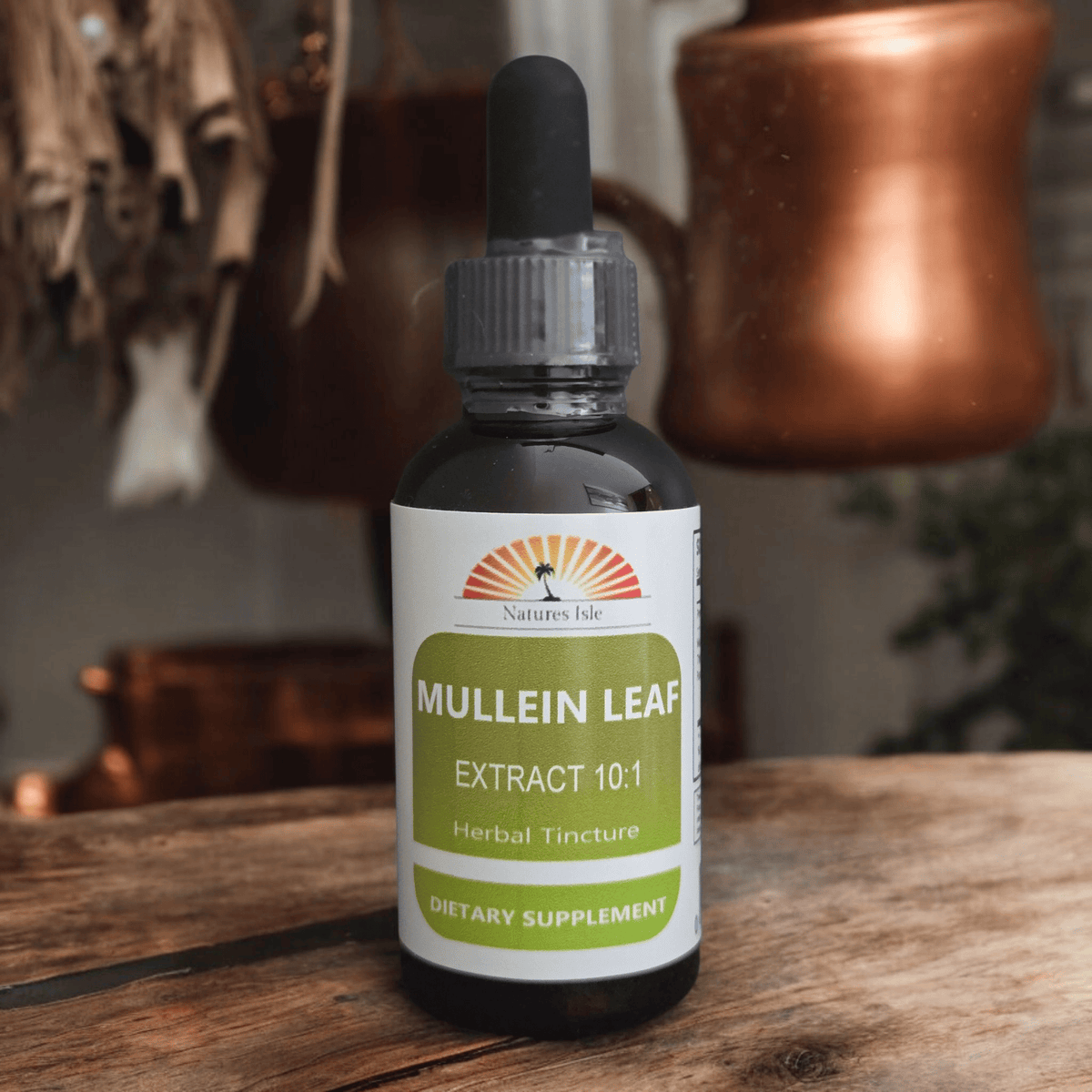 Liquid Mullein Leaf Extract 10:1 tincture bottle from Herbal Island, featuring the product label and amber glass bottle.