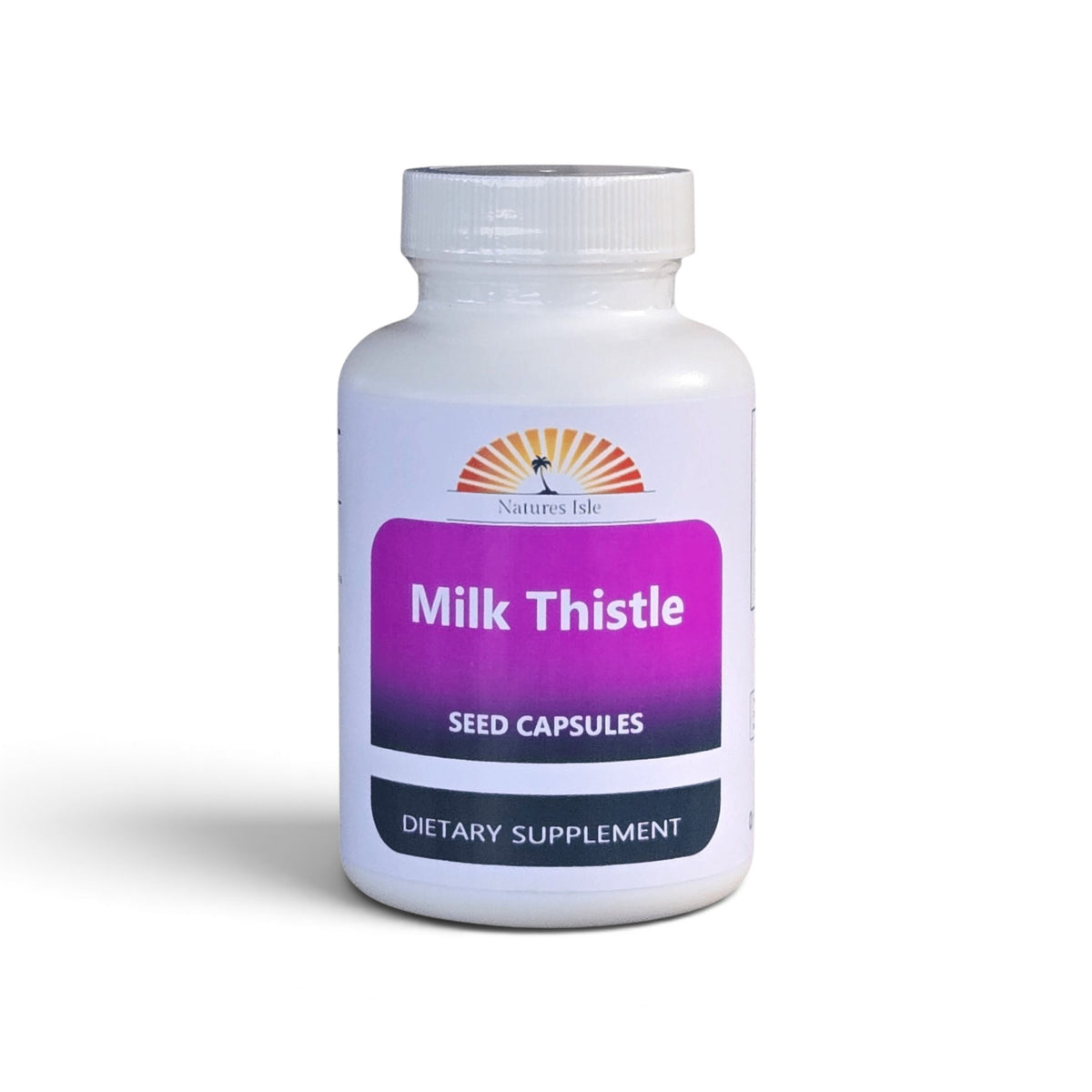 Herbal Island Milk Thistle Seed Powder Capsules 500mg, softgel capsules for liver support, displayed on a white background.