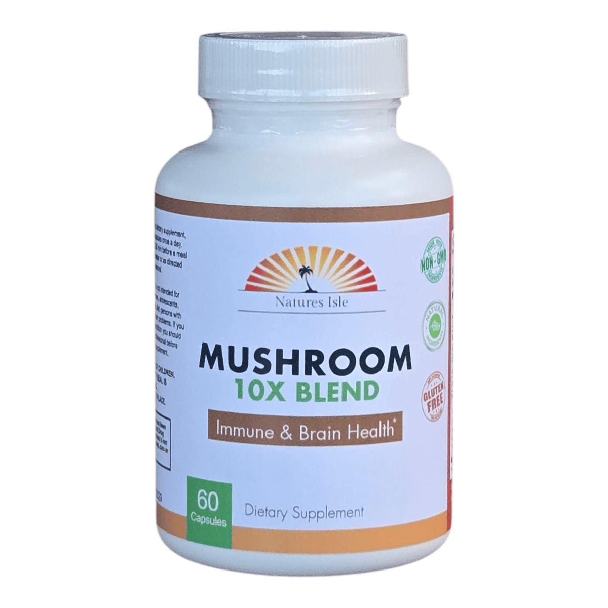 Herbal Island Mushroom 10X Blend Formula capsules in a white bottle, showcasing the supplement for immune support and overall health.