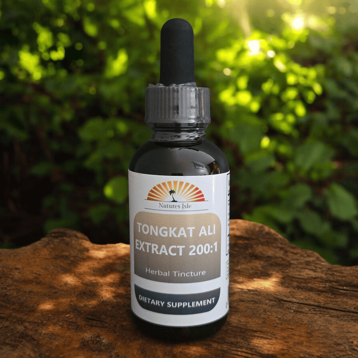 Herbal Island Tongkat Ali 200:1 liquid extract bottle, alcohol-free supplement, with herbal branding and label details visible.