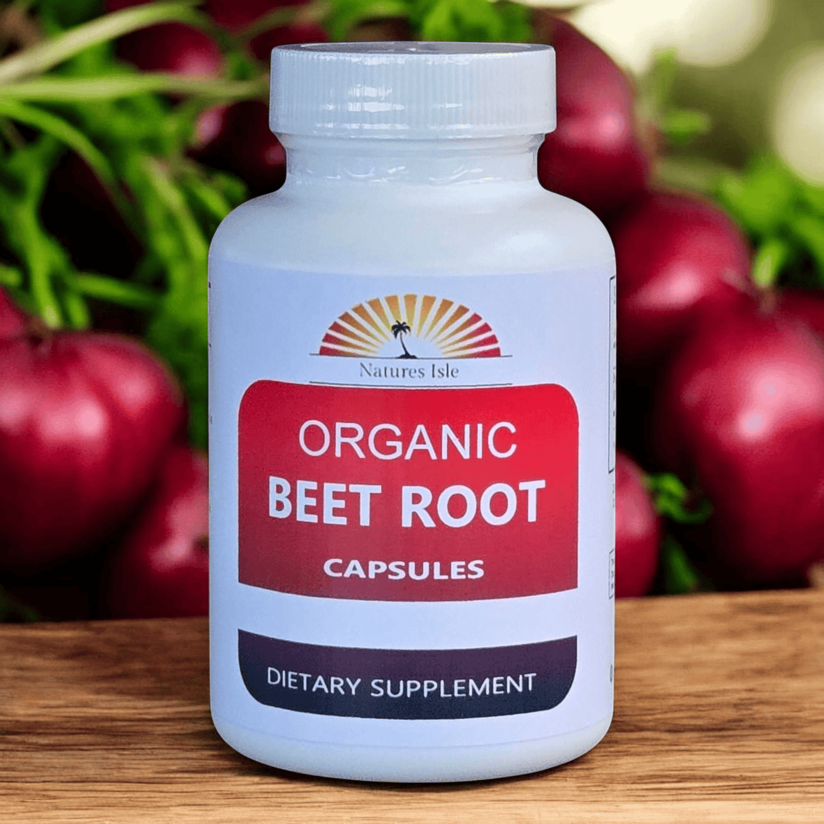 Organic Beet Root Capsules from Herbal Island, 500mg, in clear capsules showing their deep red color.