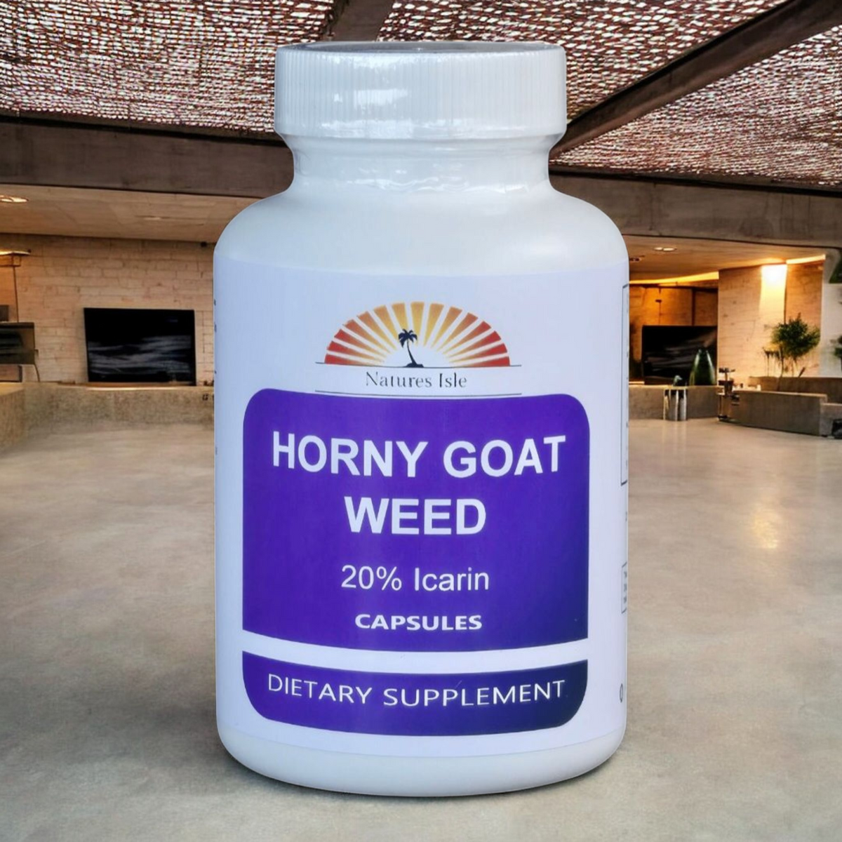 Herbal Island Horny Goat Weed Extract capsules with 20% Icarin, dietary supplement in a white bottle with capsules inside.