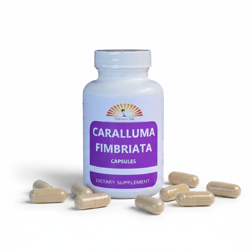 Herbal Island Caralluma Fimbriata capsules, 500mg, in clear bottle with white label, showing capsules inside.