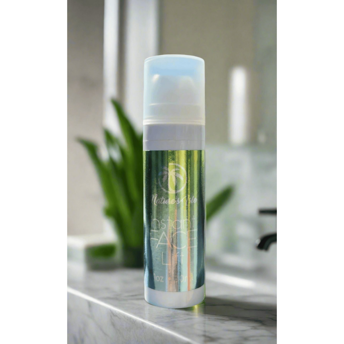 Herbal Island Instant Face Lift Cream jar showing the cream's smooth texture and sleek packaging.