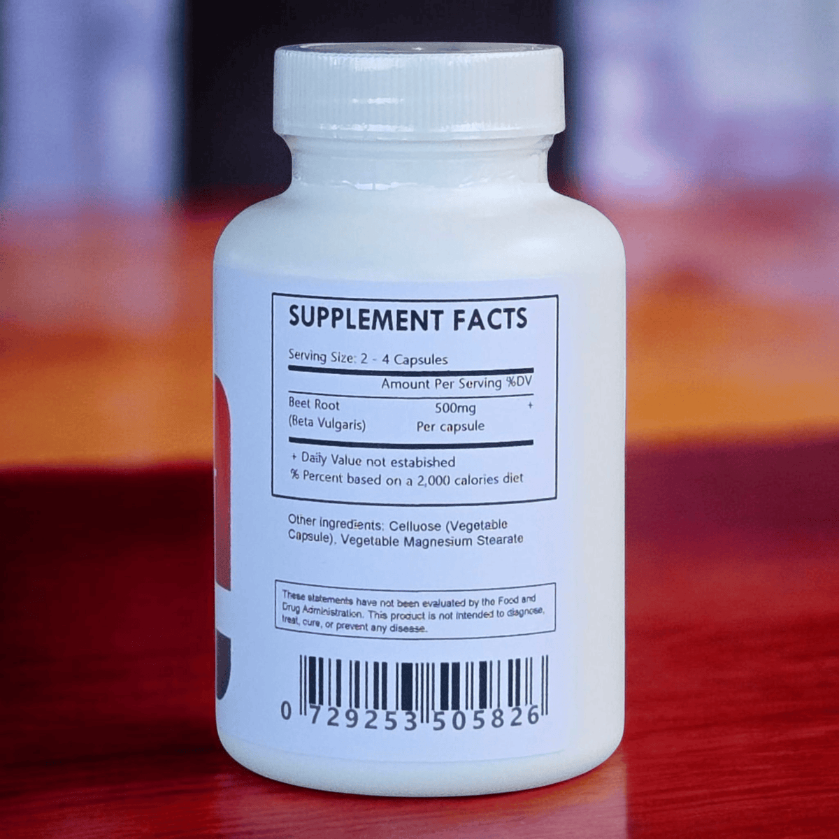 Organic Beet Root Capsules by Herbal Island in a clear bottle showing reddish capsules inside.