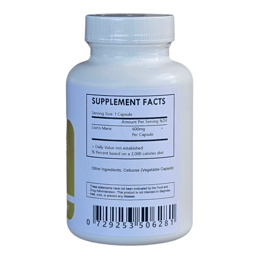 Herbal Island Lion's Mane Mushroom Capsules in a clear bottle, showcasing beige capsules on a white background.