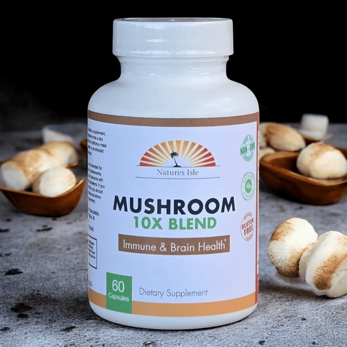 Herbal Island Mushroom 10X Blend Formula capsules, 60-count, featuring a bottle of dietary supplement capsules with mushroom blend.