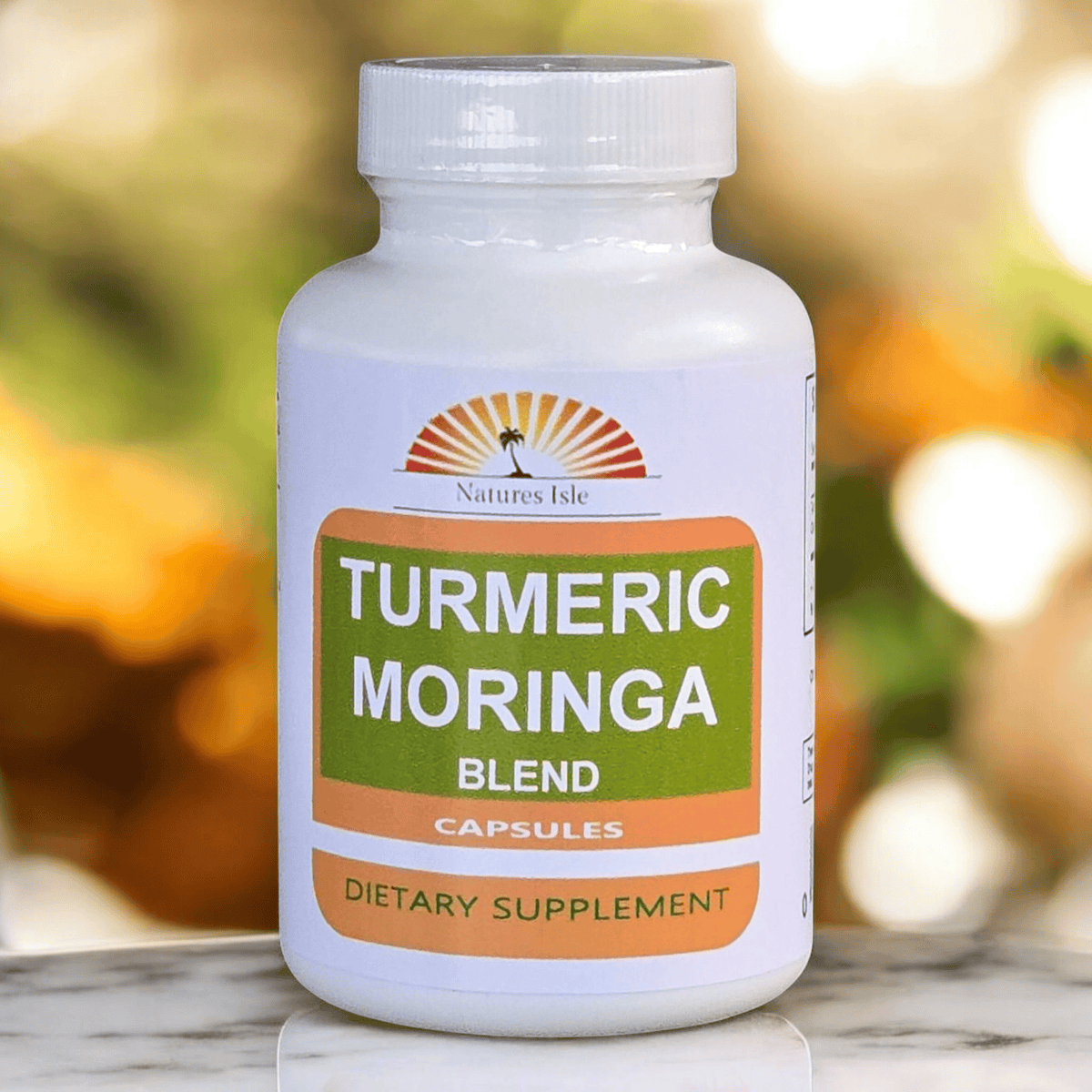 Herbal Island Turmeric & Moringa Blend Capsules showing the capsule bottle and capsules inside, natural herbal supplement for wellness.