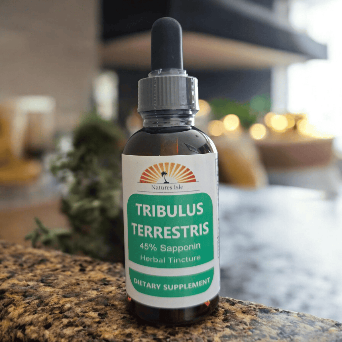 Herbal Island Tribulus Terrestris L fruit tincture in a clear liquid bottle, showing the product label with herbal imagery and text.