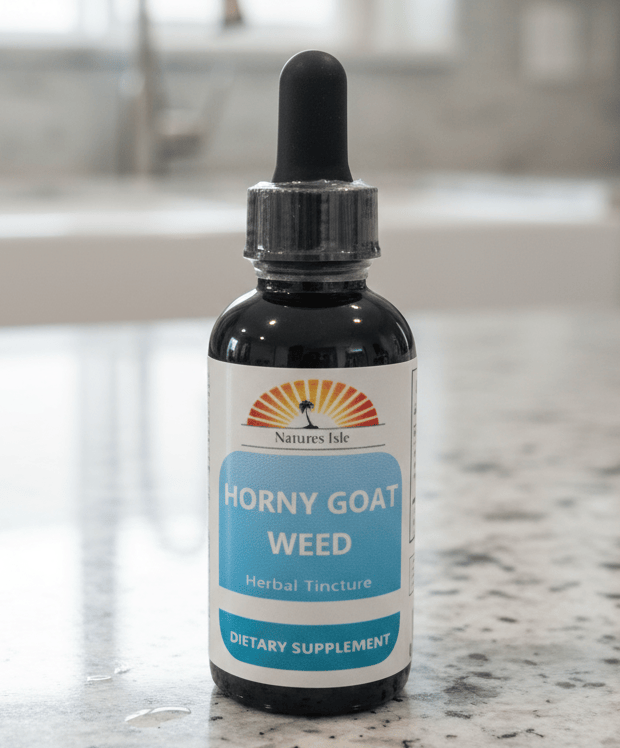Herbal Island Horny Goat Weed liquid tincture in a clear glass bottle with dropper, alcohol-free herbal supplement for vitality.