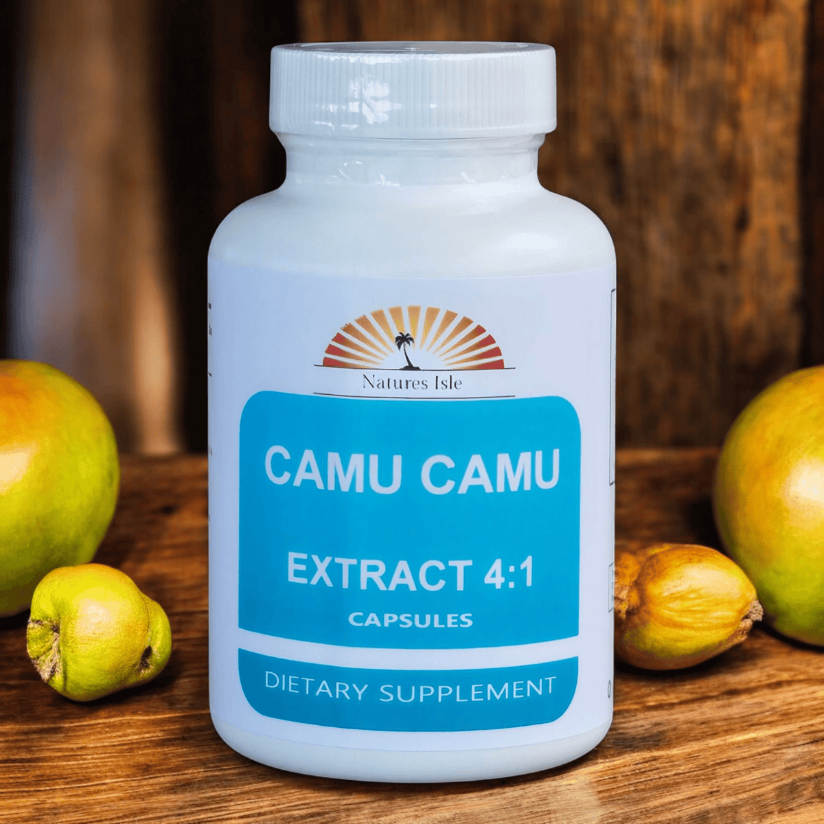 Herbal Island Camu Camu 4:1 extract capsules, dietary supplement in soft gel capsules, close-up of the product bottle.