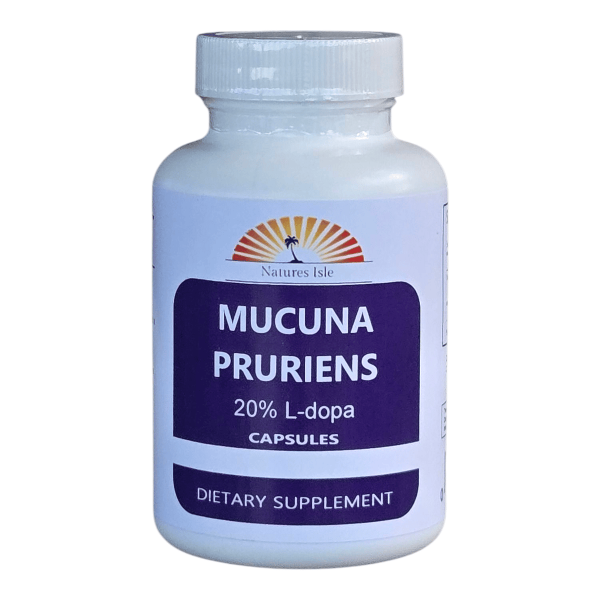 Herbal Island Mucuna Pruriens extract capsules with 20% L-Dopa, featuring velvet bean capsules in a clear bottle.