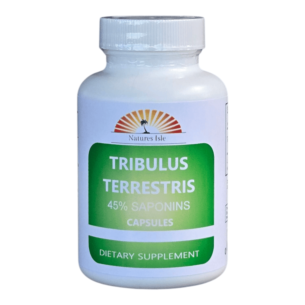 Herbal Island Tribulus Terrestris L fruit powder capsules with 45% saponins, shown in a clear capsule form.