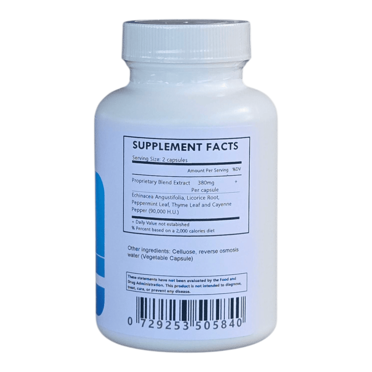 Herbal Island Herpes Formula capsules in a clear glass bottle, natural supplement for herpes support, 60 capsules.