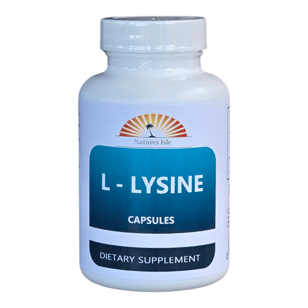 Herbal Island L-Lysine capsules in clear bottles, showing white capsules inside, on a plain white background.