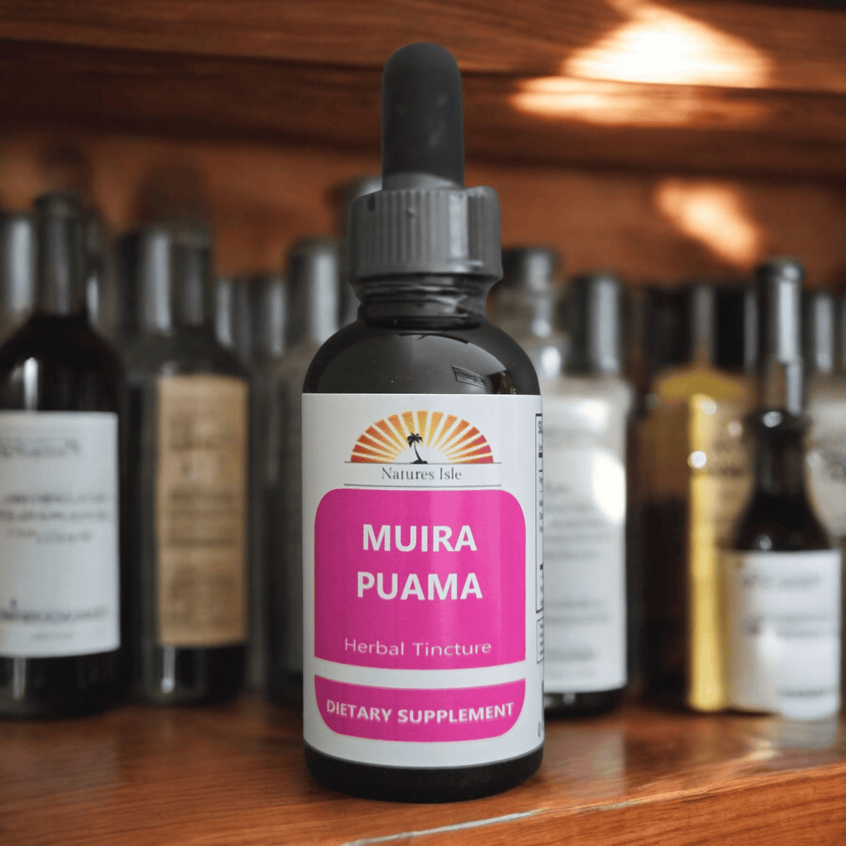 Herbal Island Muira Puama tincture liquid bottle, alcohol-free herbal supplement with a dropper cap, on a neutral background.