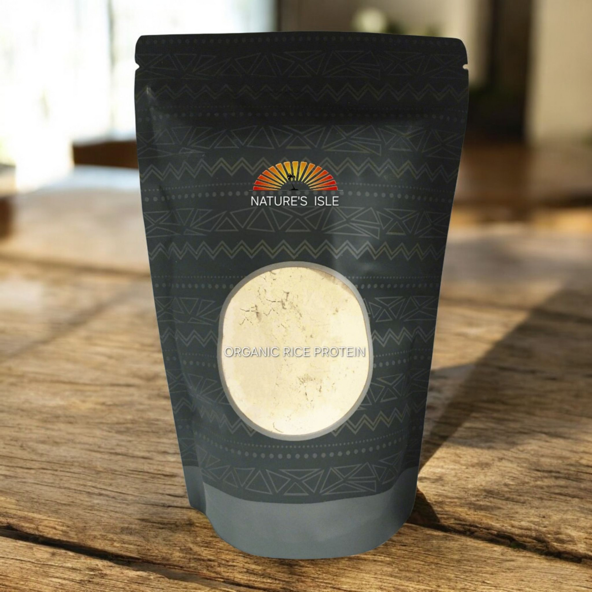 Organic brown rice protein powder by Herbal Island, showing a close-up of the brown powder in a jar on a white background.