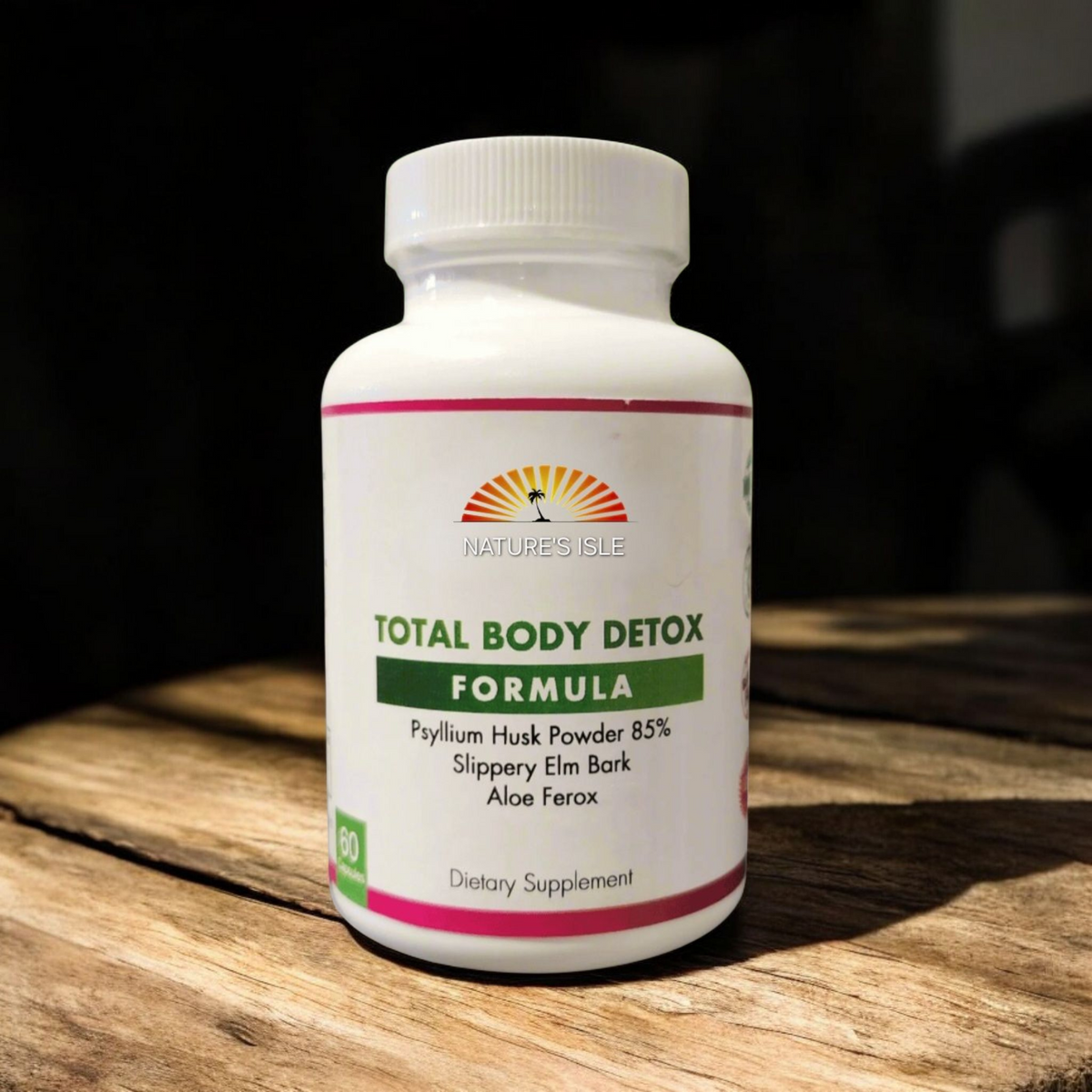 Herbal Island Total Body Detox capsules in a bottle with 60 all-natural capsules for cleansing and detoxification.
