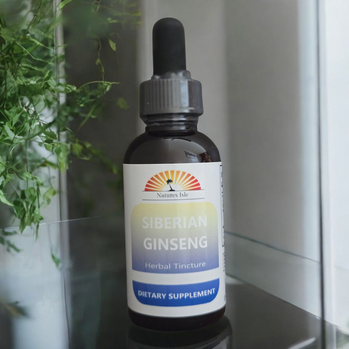 Liquid Siberian Ginseng Tincture with Eleuthero Root by Herbal Island, alcohol-free herbal supplement in a dropper bottle.