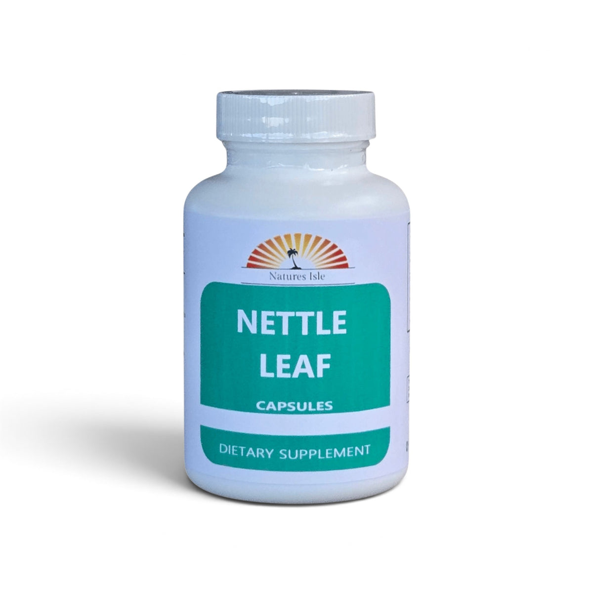 Herbal Island Nettle Leaf Capsules (Urtica Dioica) 500mg in clear capsule form, displayed against a plain background.