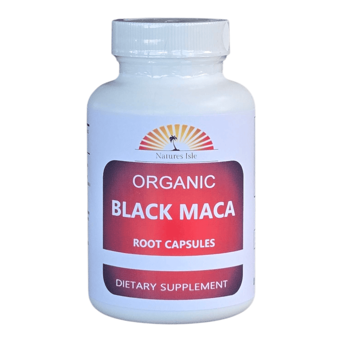 Organic black maca root capsules by Herbal Island, showing a close-up of the capsules in a transparent container.
