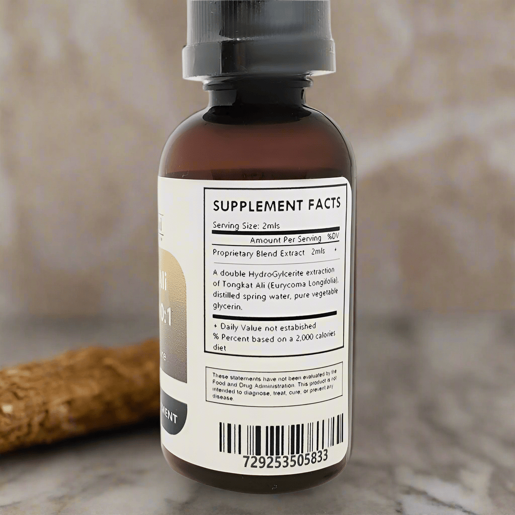 Herbal Island Tongkat Ali 200:1 liquid extract in a clear bottle, alcohol-free, with herbal label and dropper cap.